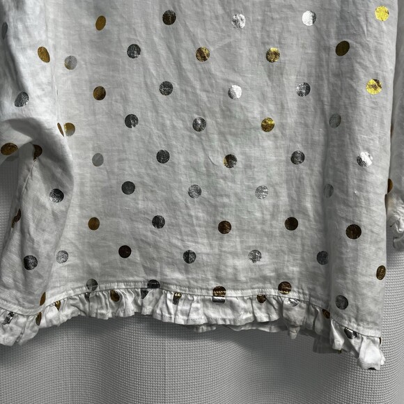 For Cynthia 100% Linen White Cropped Boxy Top Silver & Gold Polka Dot Medium - Picture 3 of 9
